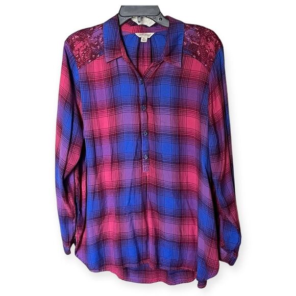 Lucky Brand Purple/Pink Plaid Embellished Long Sleeve Popover Top Size XL - Picture 3 of 13